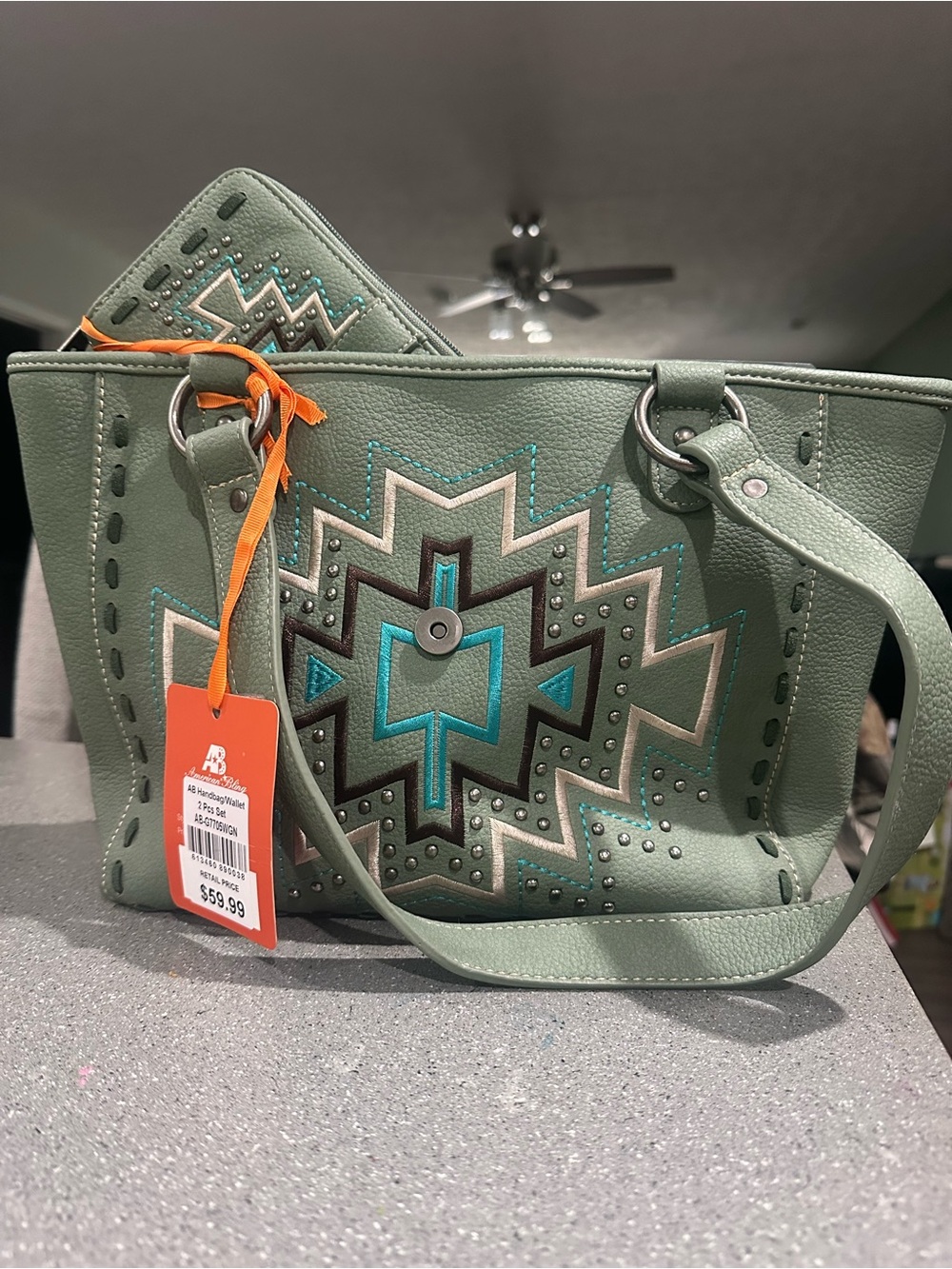 Southwestern Embroidered Shoulder Bag in Sage Green